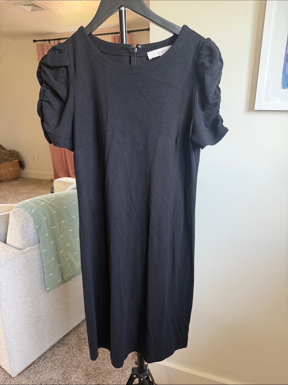 LOFT Black Puff Sleeve Midi Dress